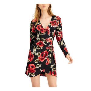 BAR III Womens Black Floral Long Sleeve V Neck Short Faux Wrap Dress 2